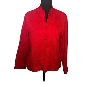 Vintage Chicos Silk Blend Jacket  Sz 0 Red Asian Inspired Shadow Print Toggle